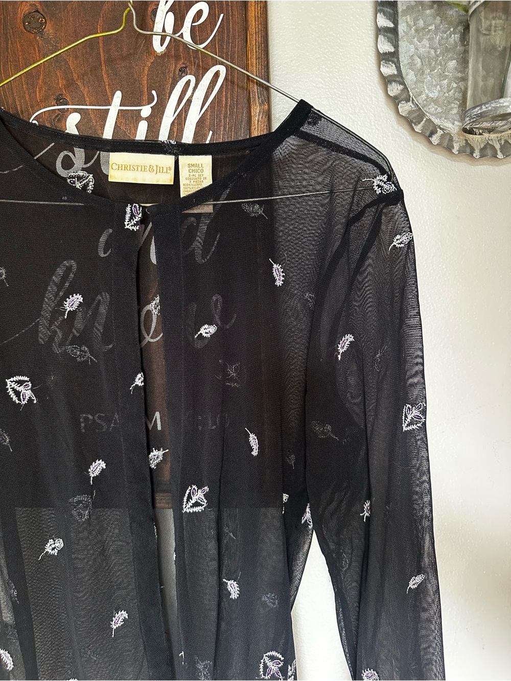 Vintage Christie & Jill Black Sheer Embroidered purple & white Long-Sleeve Top